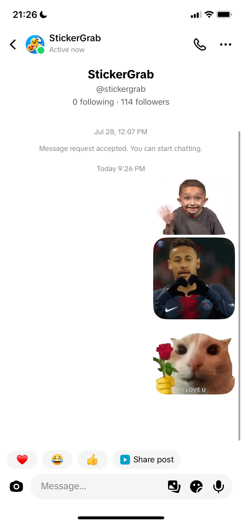 TikTok direct message to StickerGrab with three sent stickers