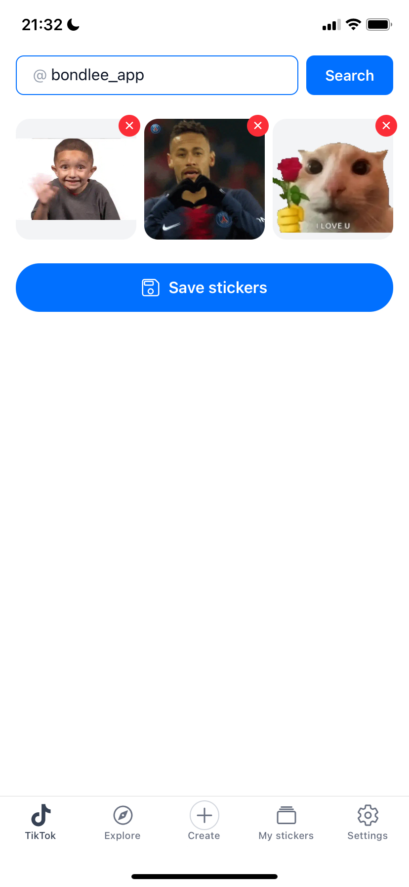 StickerGrab TikTok search showing three collected stickers